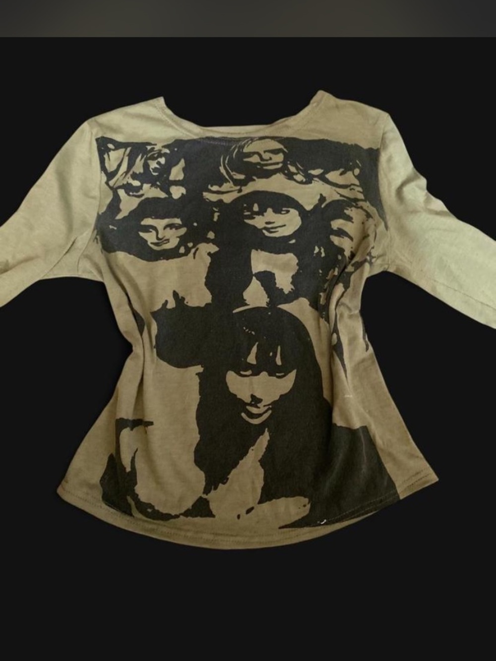 Women's Long Sleeve Graphic Tee in Olive with Black Print